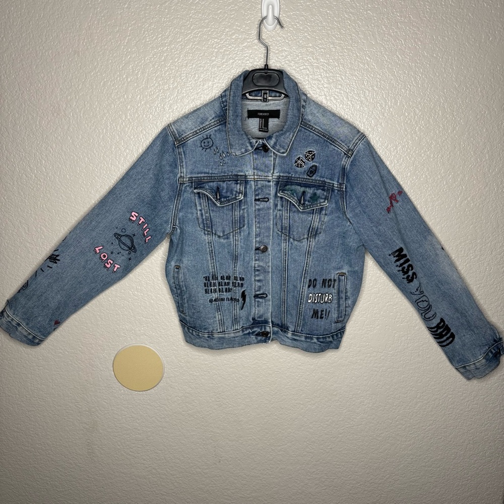 Forever 21 “Girl Gang” Blue Denim Jacket with Graphic Details - Women’s Medium